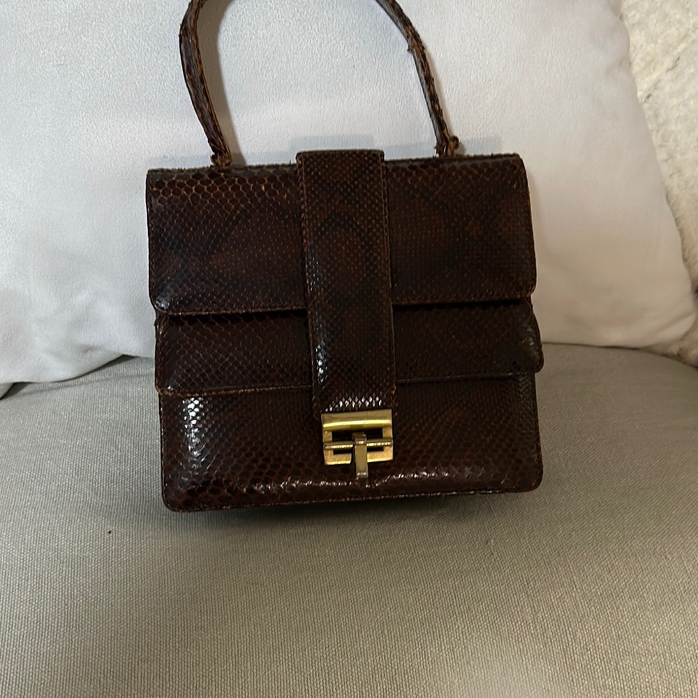 Classic Brown Snake-Texture Top-Handle Bag